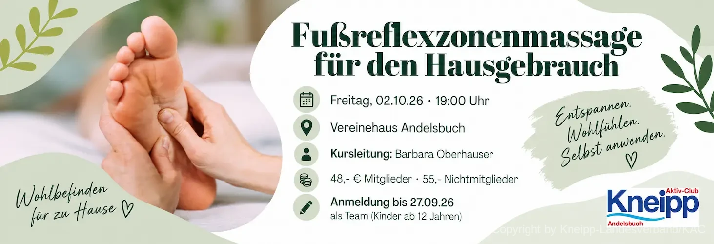 Fußreflexzonenmassage für den Hausgebrauch am Freitag, 2. Oktober 2026 um 19:00 Uhr im Vereinehaus Andelsbuch